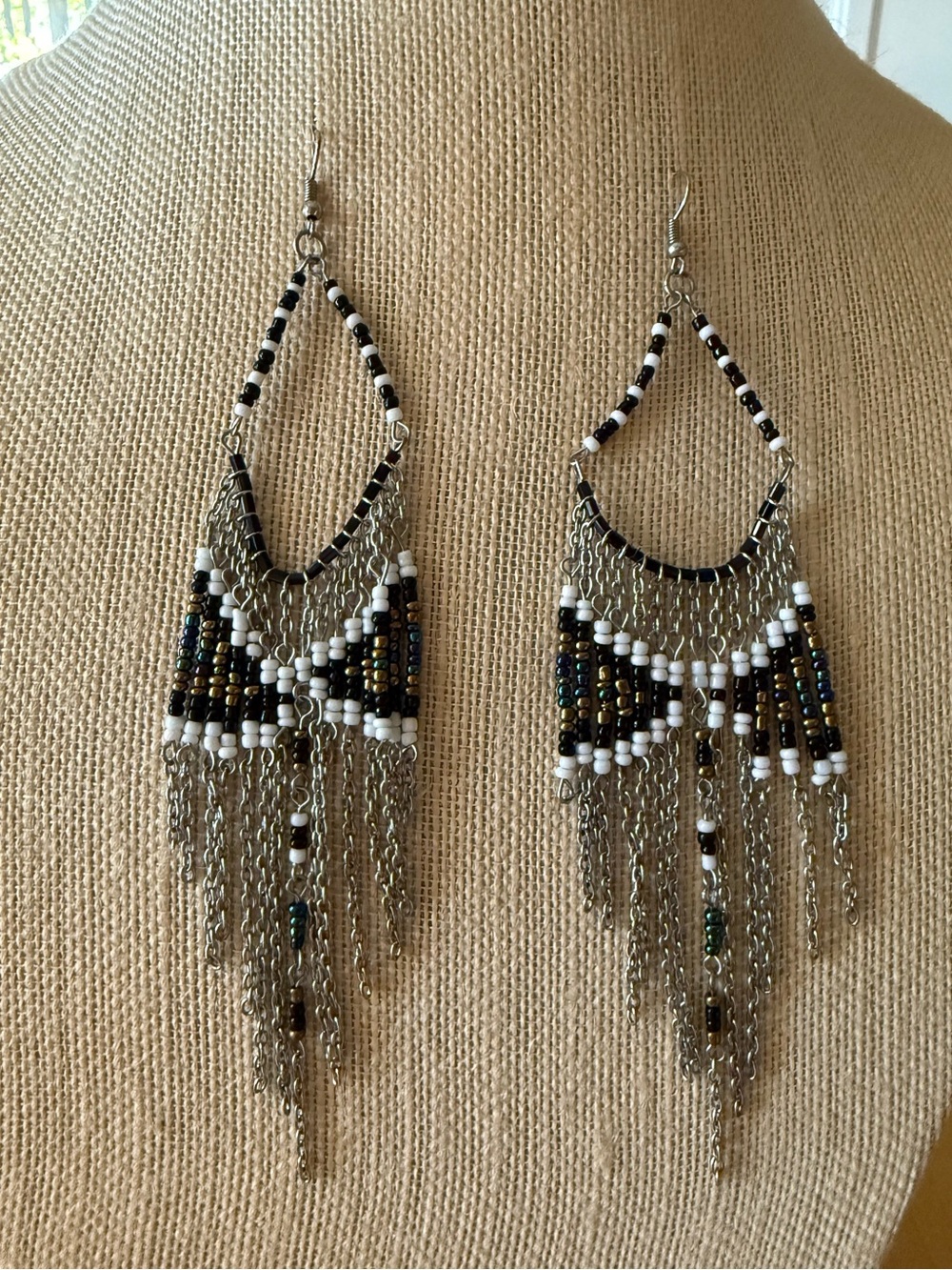Fun & long dangling black and white earrings